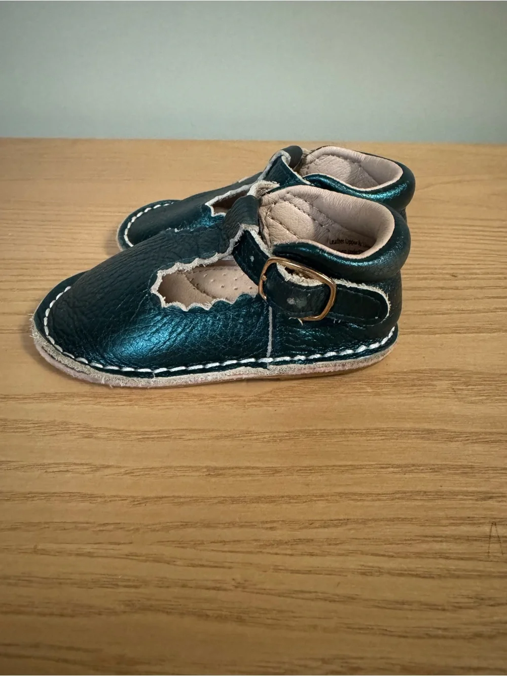 Monkey Feet Teal Metallic Leather Scalloped T-Strap Mary Janes 6-12M